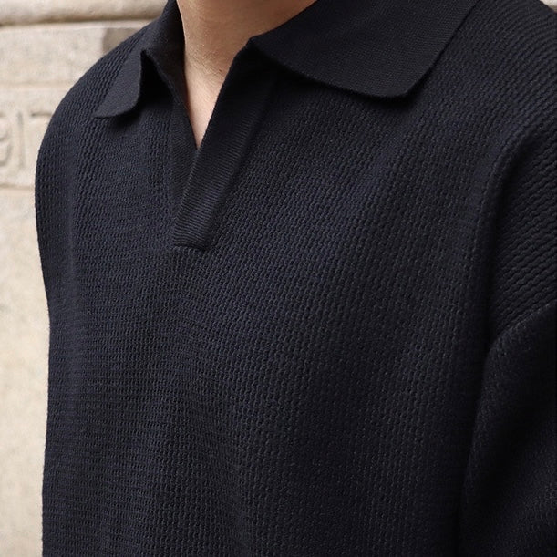 Men’s Knit Pullover Top – Relaxed Fit – Long Sleeve – Buttonless Polo Collar