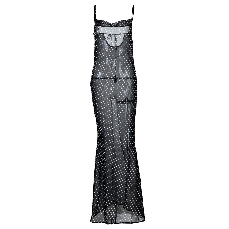 Women’s Slip Dress – Slim Fit – Sheer Mesh – Spaghetti Strap – Dotted Full Length