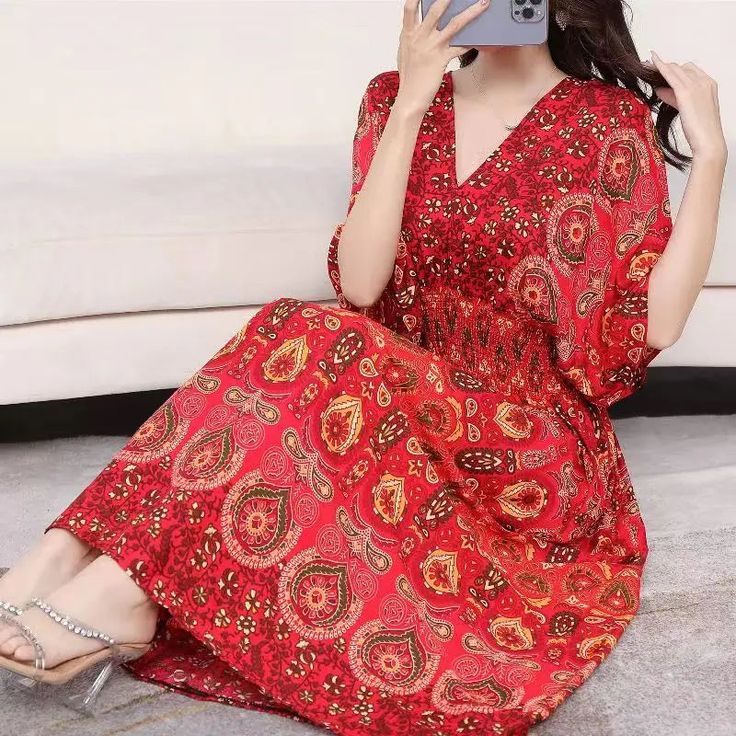 Women's Maxi Dress - Bohemian Print - V-Neck - Short Flutter Sleeves - Flowy Fit