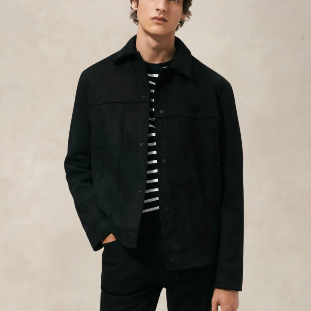 Men’s Suede Jacket – Regular Fit – Button-Up Front – Tailored Minimalist Design