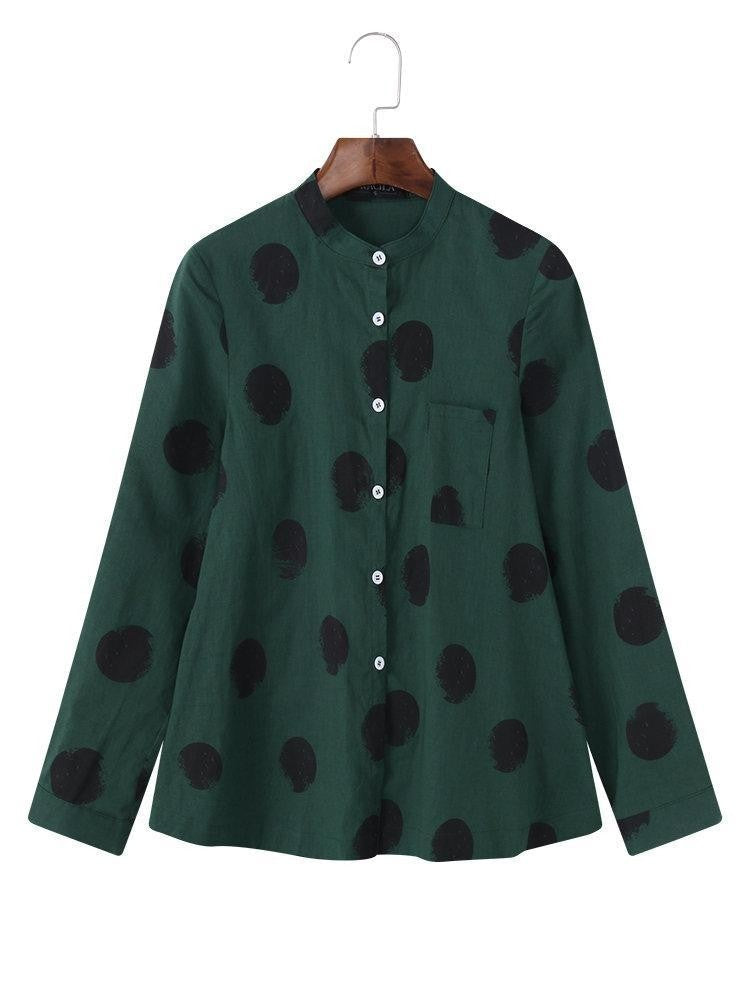 Women’s Blouse – Relaxed Fit – Polka Dot – Soft Stand Collar – Button Front – Long Sleeve