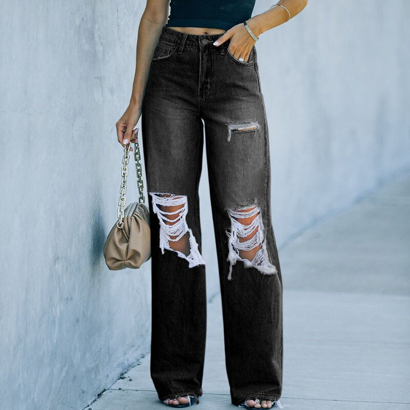 Women’s High-Waisted Wide-Leg Jeans - Distressed Ripped Denim - Casual Streetwear