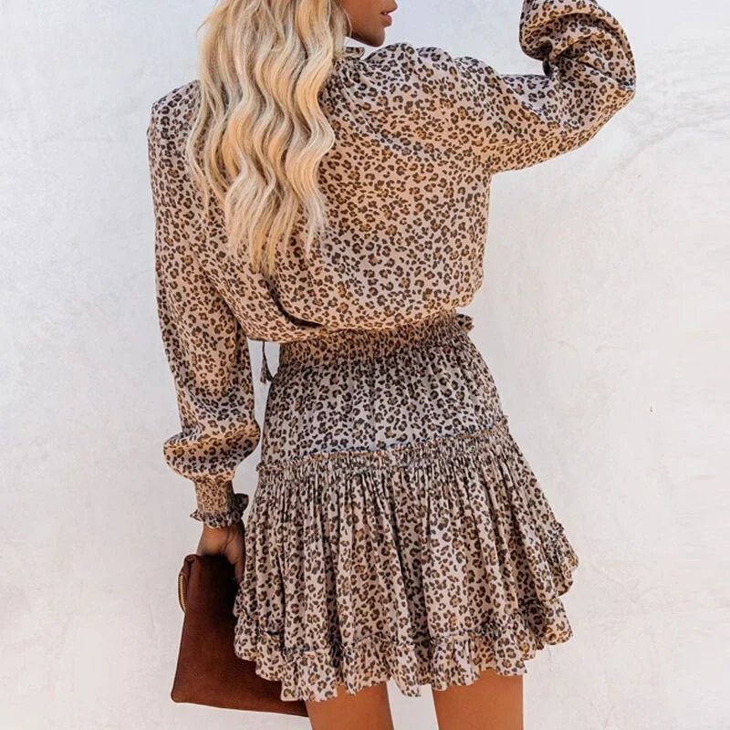 Women's Mini Dress - Leopard Print - V-Neck Tie Detail - Long Puff Sleeve - Ruffled Hem