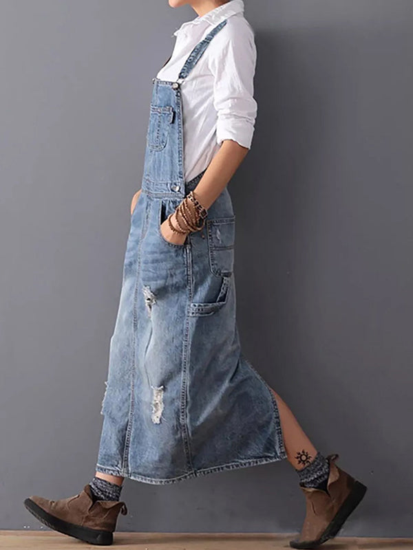 Women’s Denim Dress – Relaxed Fit – Midi Length – Distressed – Adjustable Straps