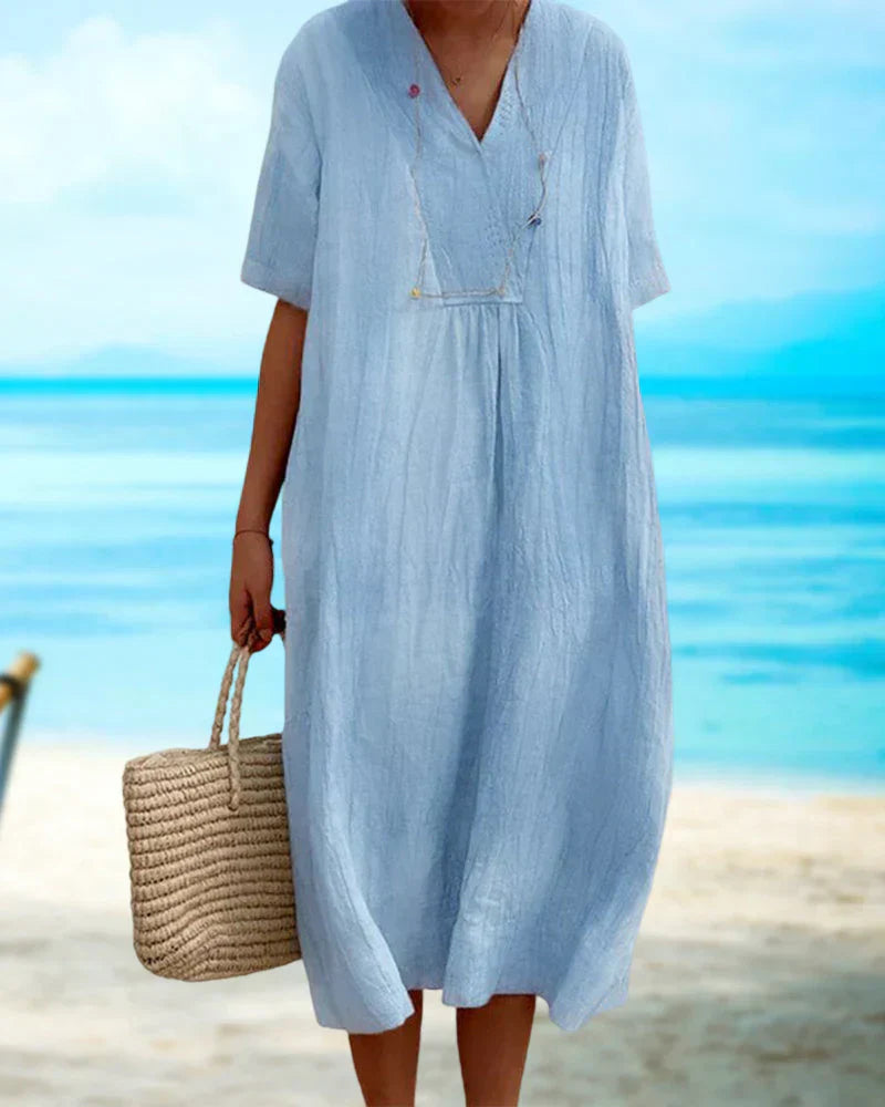 Women's Knee-Length Dress - Cotton Linen Blend - Loose Fit - V-Neck Short Sleeve Casual Wear