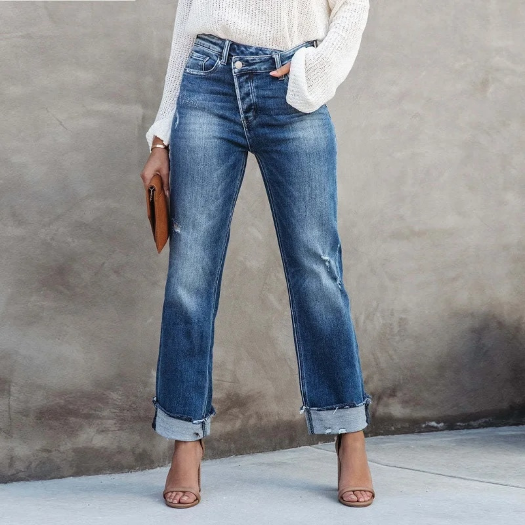 Women’s Denim Jeans – High Rise Waist – Straight Leg – Distressed – Cuffed Ankles