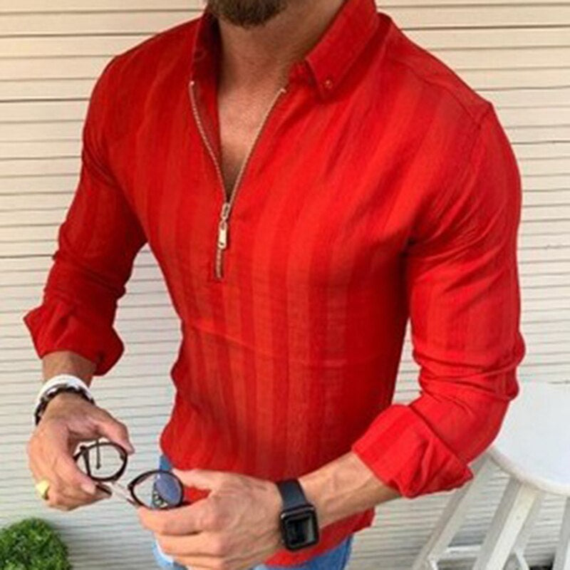 Men’s Long-Sleeve Zip-Up Shirt - Slim Fit - Striped Pattern - Collared Casual Wear