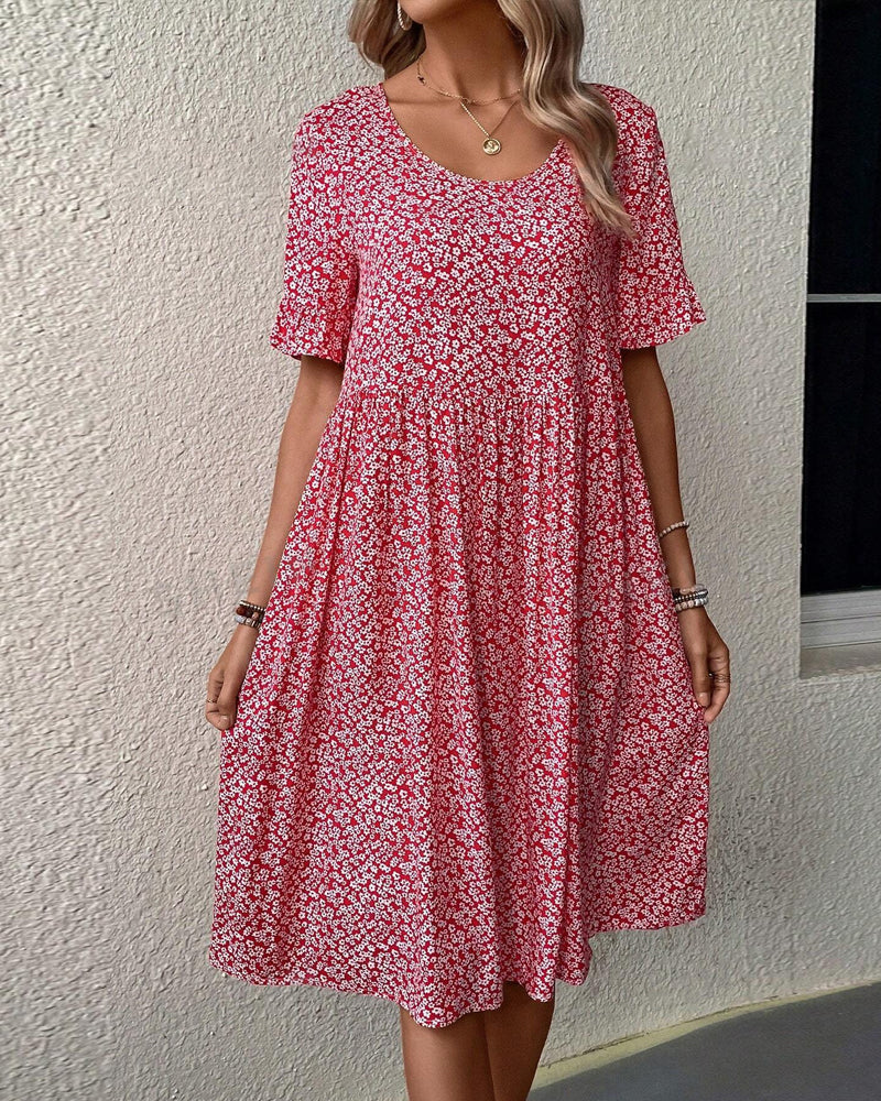 Women's A-Line Dress - Lightweight Cotton - Knee-Length - Short Sleeve Floral Print