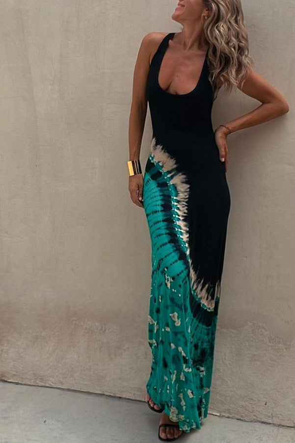 Women's Maxi Dress - Sleeveless Fitted Stretch Fabric - Scoop Neck Striped Elegant Style