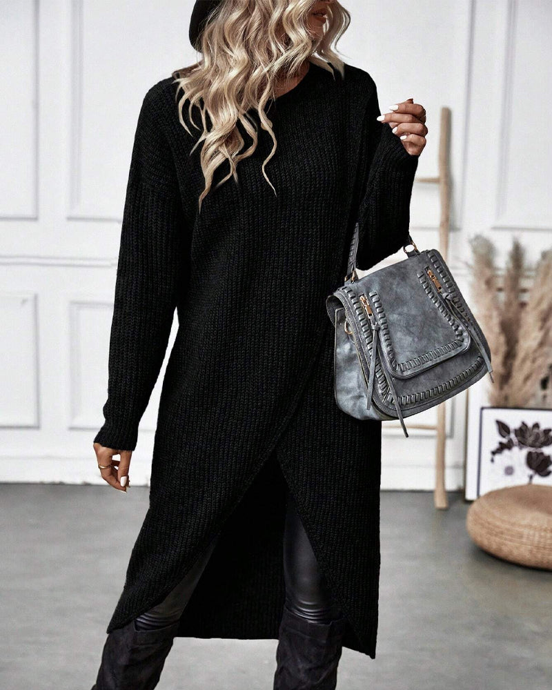 Women's Sweater Dress - Knitted - Wrap Front Asymmetrical Design - Long Sleeve Cozy Fit