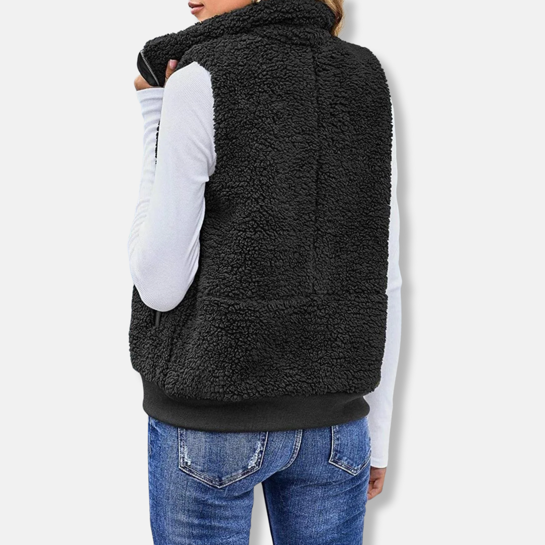 Women’s Sleeveless Jacket – Plush Fuzzy Texture – Relaxed Fit – Zip Front High Collar