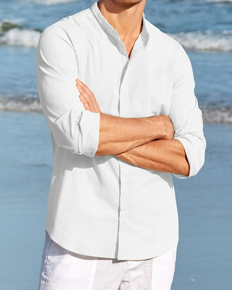 Men’s Button-Up Shirt – Relaxed Fit – Natural Fibers – Mandarin Collar – Long Sleeve