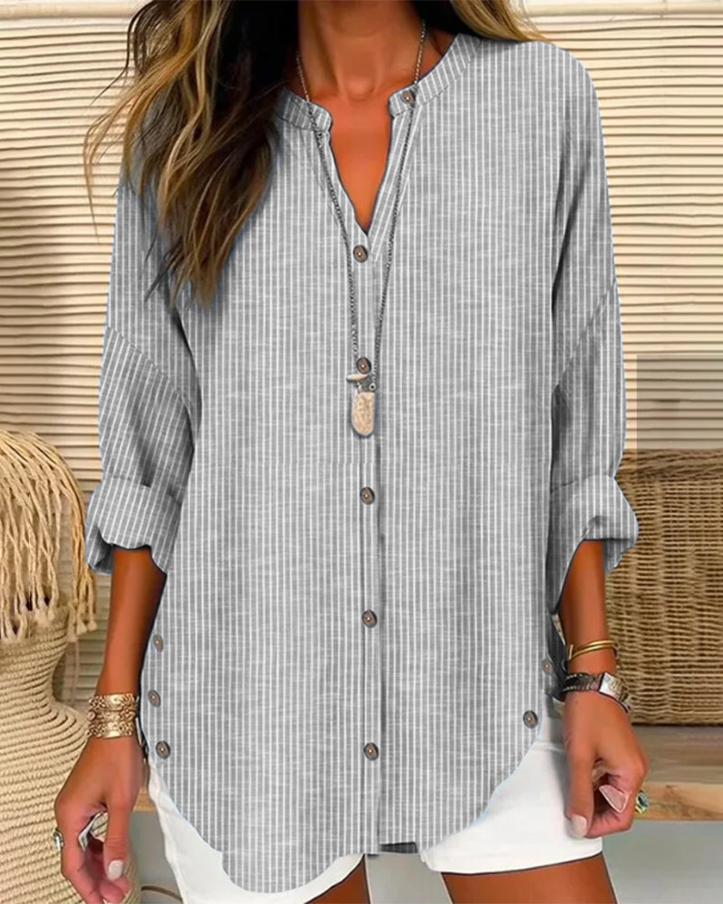 Women’s Blouse – Relaxed Fit – V-Neck Button Front – Striped – Breathable Blend
