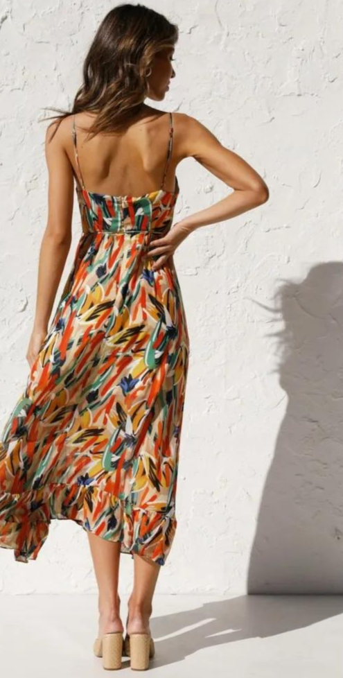 Women's Midi Dress - Sleeveless V-Neck - Spaghetti Straps - Cinched Waist Flowy Fit