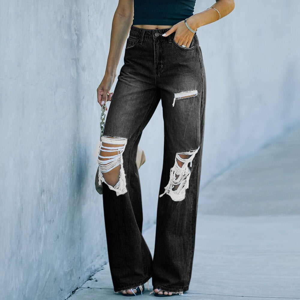 Women’s High-Waisted Wide-Leg Jeans - Distressed Ripped Denim - Casual Streetwear