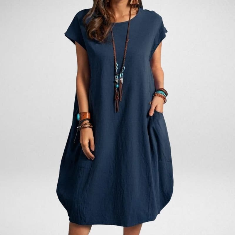 Women’s Midi Dress – Relaxed Fit – Breathable Blend – Short Sleeve with Pockets