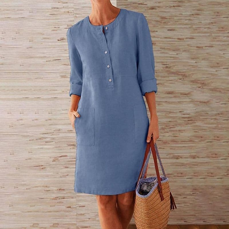 Women’s Shirt Dress – Relaxed Fit – Breathable Blend – Knee Length – Side Pockets