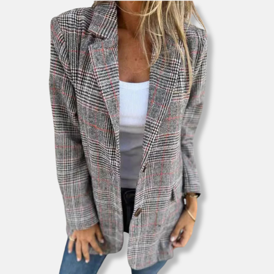 Women’s Cardigan Jacket – Wool Blend – Relaxed Fit – Houndstooth – Lapel Collar