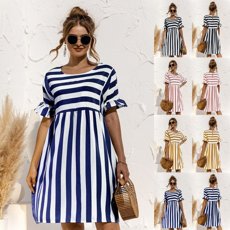 Women's Striped Dress - Short Sleeve Ruffle - Loose Fit - Round Neck Casual Wear