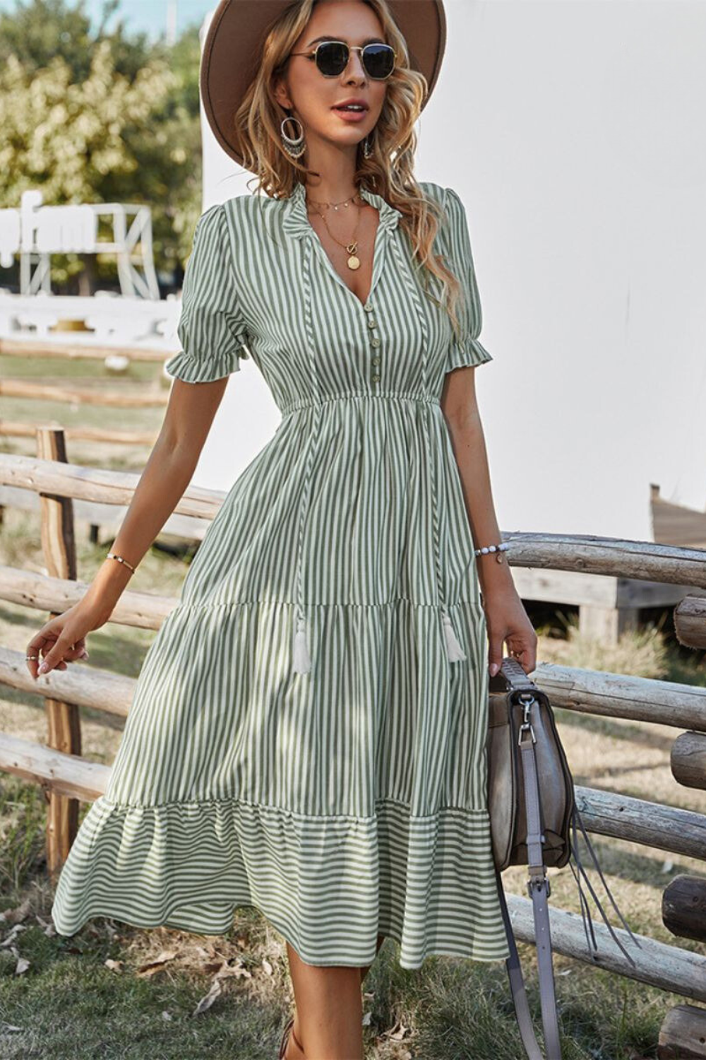 Women's Striped Midi Dress - V-Neck Button Down - Ruffle Short Sleeve - Tassel Waist