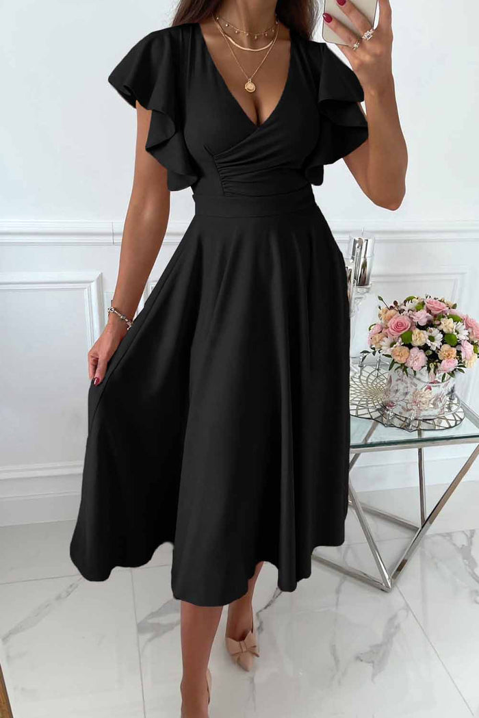 Women's Midi Dress - A-Line Silhouette - Draped V-Neck - Short Ruffled Sleeves - Fitted Waist