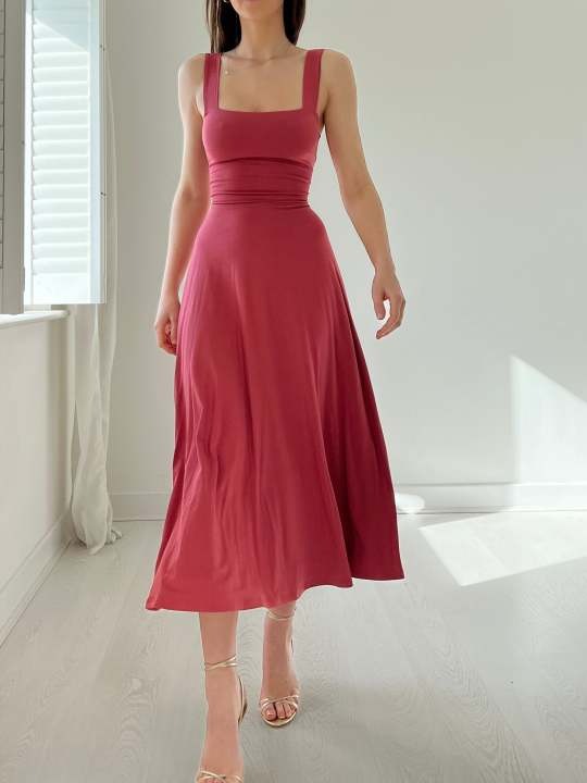 Women’s Midi Dress – A-Line Fit – Smooth Stretch Fabric – Square Neck – Broad Straps
