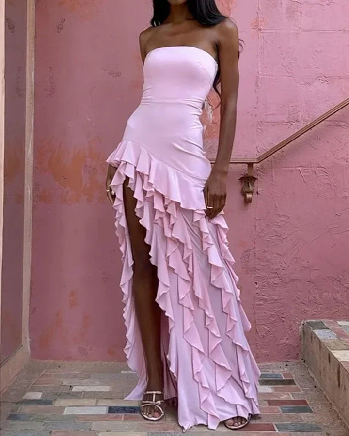 Women's Strapless Evening Dress - High-Low Ruffle Hem - Elegant Formal Wear