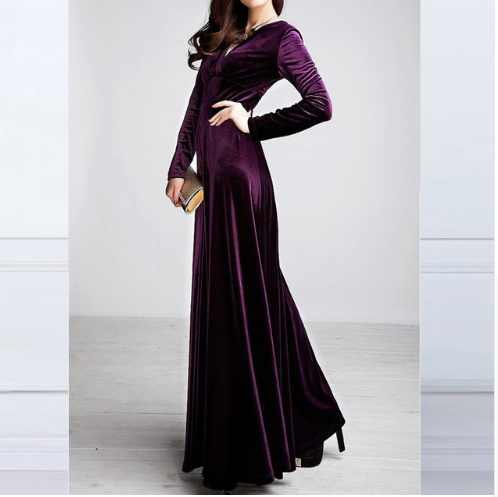 Women’s Evening Dress – Velvet Look – A-Line Fit – Deep V-Neck – Long Sleeve Formal Wear