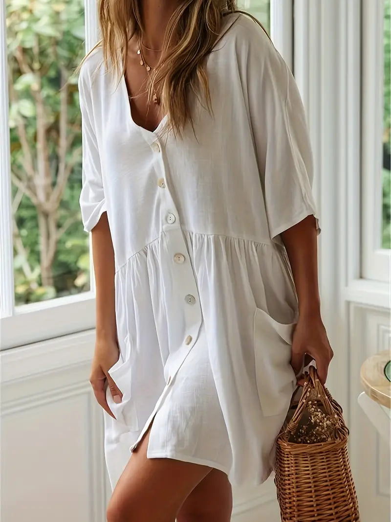Women's Casual Dress - A-Line Babydoll Fit - V-Neck Button Front - Short Sleeve with Pockets
