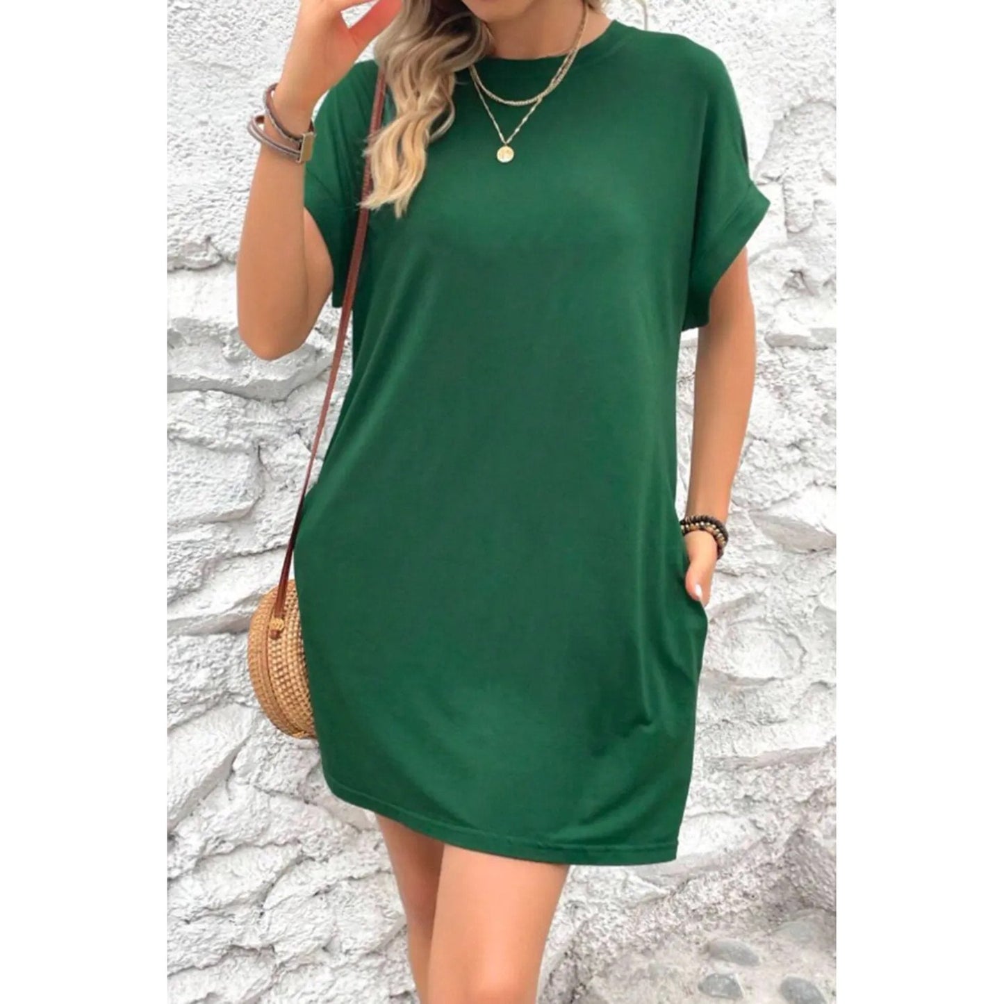 Women’s Short Dress - Belted Waist - Round Neck - Dolman Sleeves - Relaxed Fit