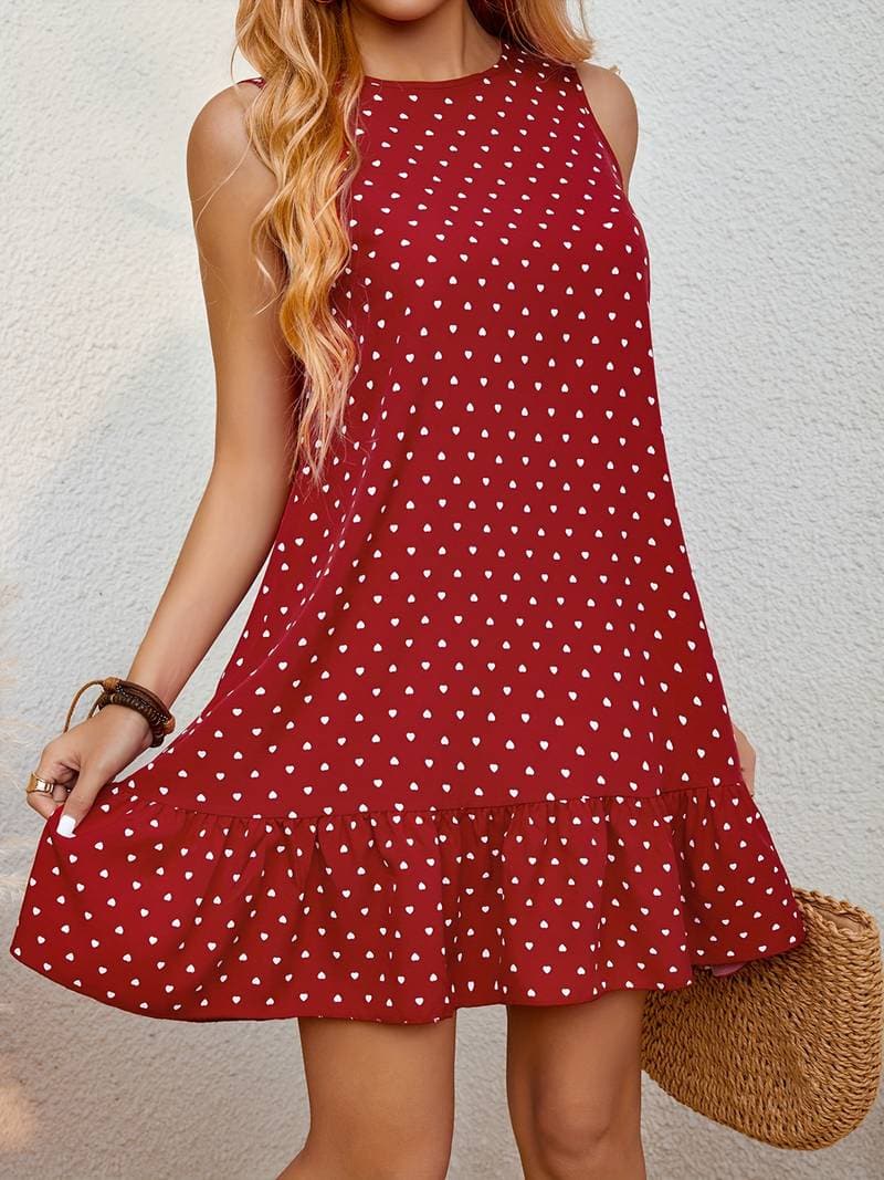 Women's Sleeveless Mini Dress - A-Line Fit - Polka Dot - Ruffled Hem Casual Wear