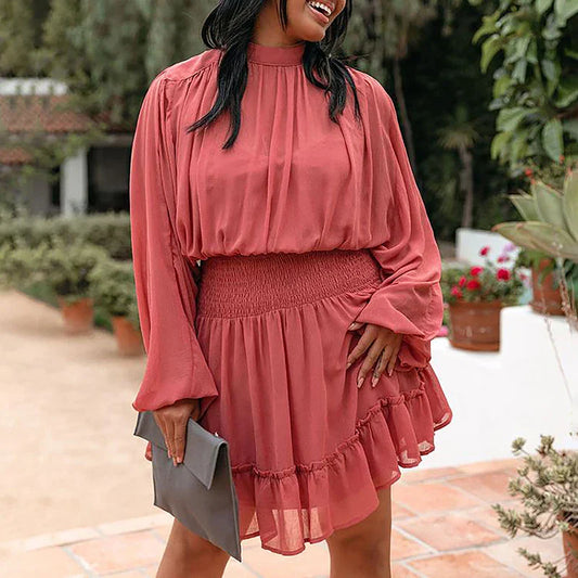Women's Dress - High Neck - Long Sleeve - Smocked Waist - Tiered Ruffle Skirt