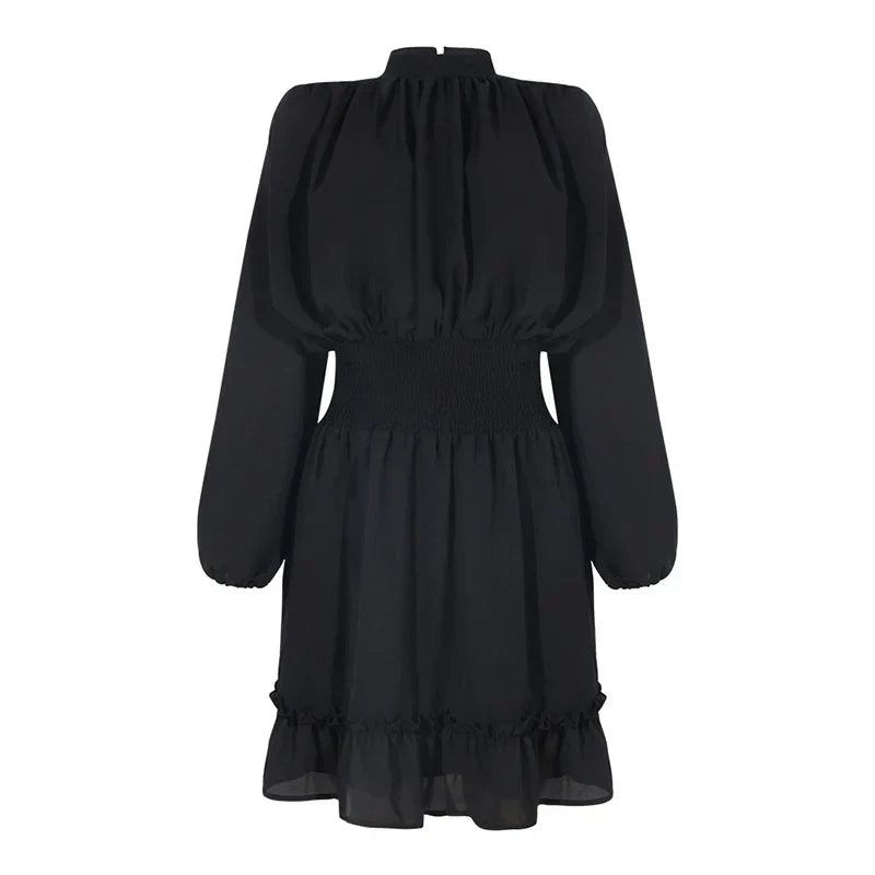 Women's Dress - High Neck - Long Sleeve - Smocked Waist - Tiered Ruffle Skirt