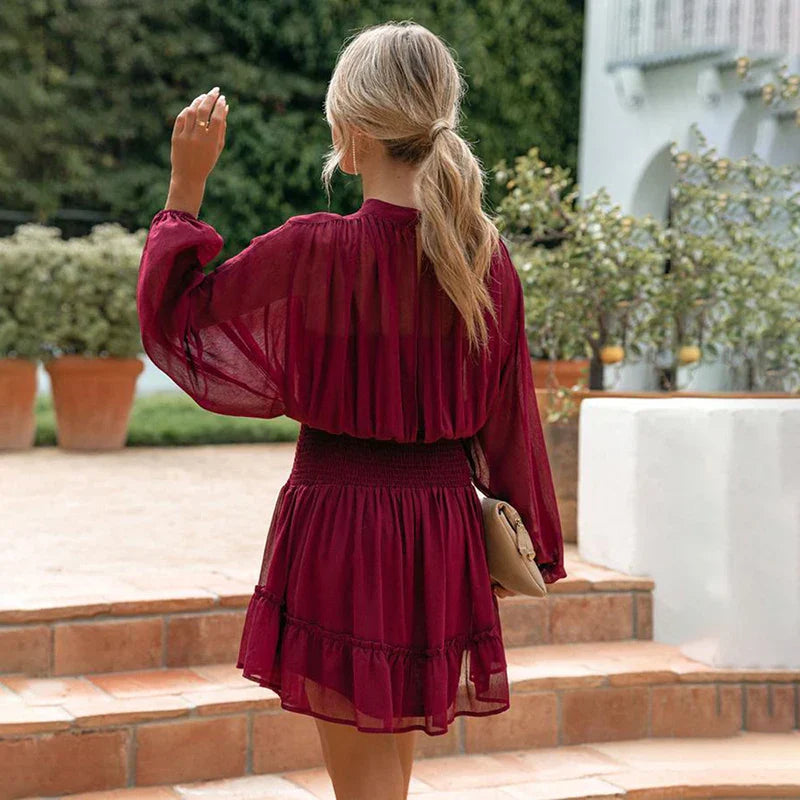 Women's Dress - High Neck - Long Sleeve - Smocked Waist - Tiered Ruffle Skirt