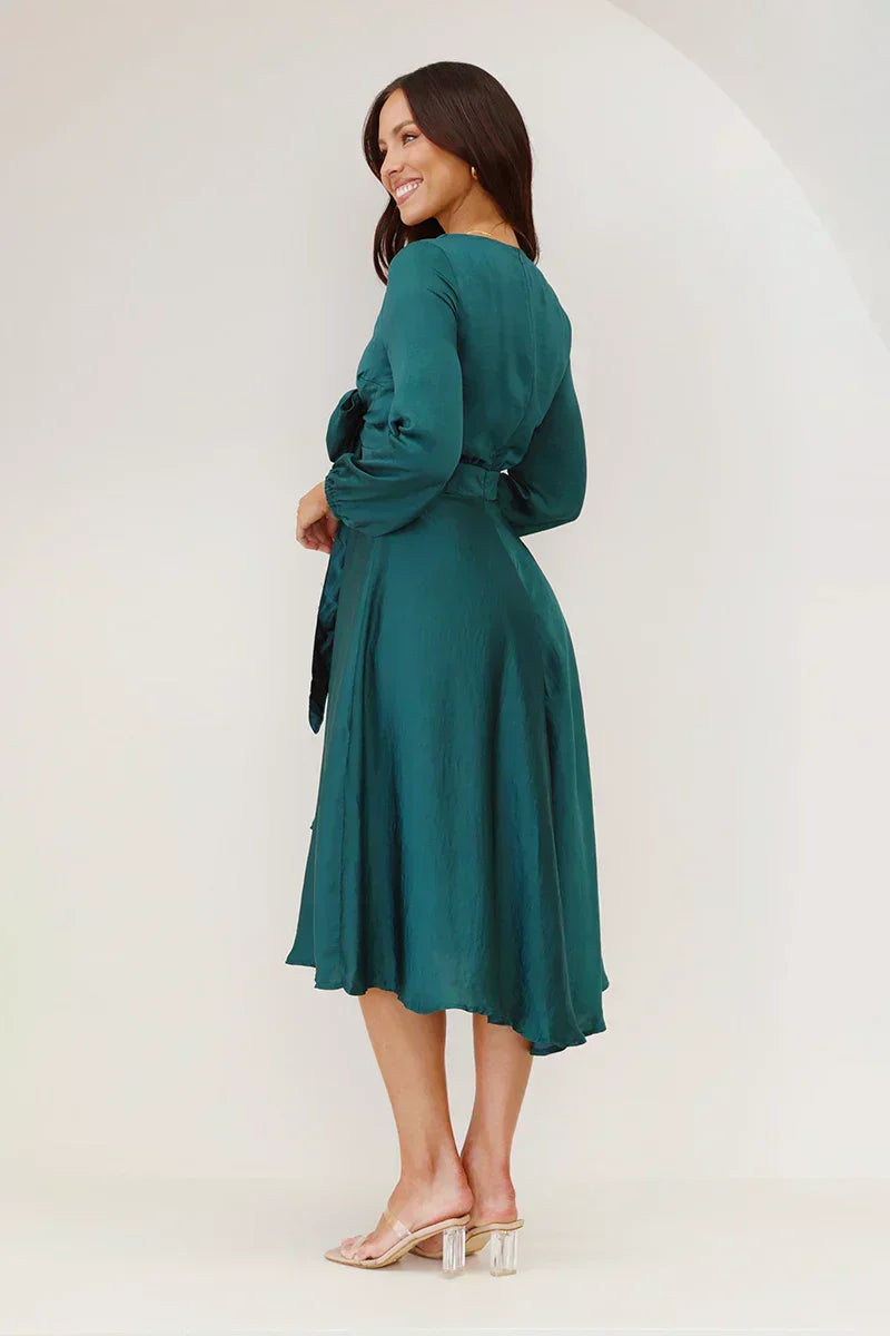 Women’s Midi Dress – Satin Feel – Fitted Bodice – Long Sleeve – Bow Front Detail