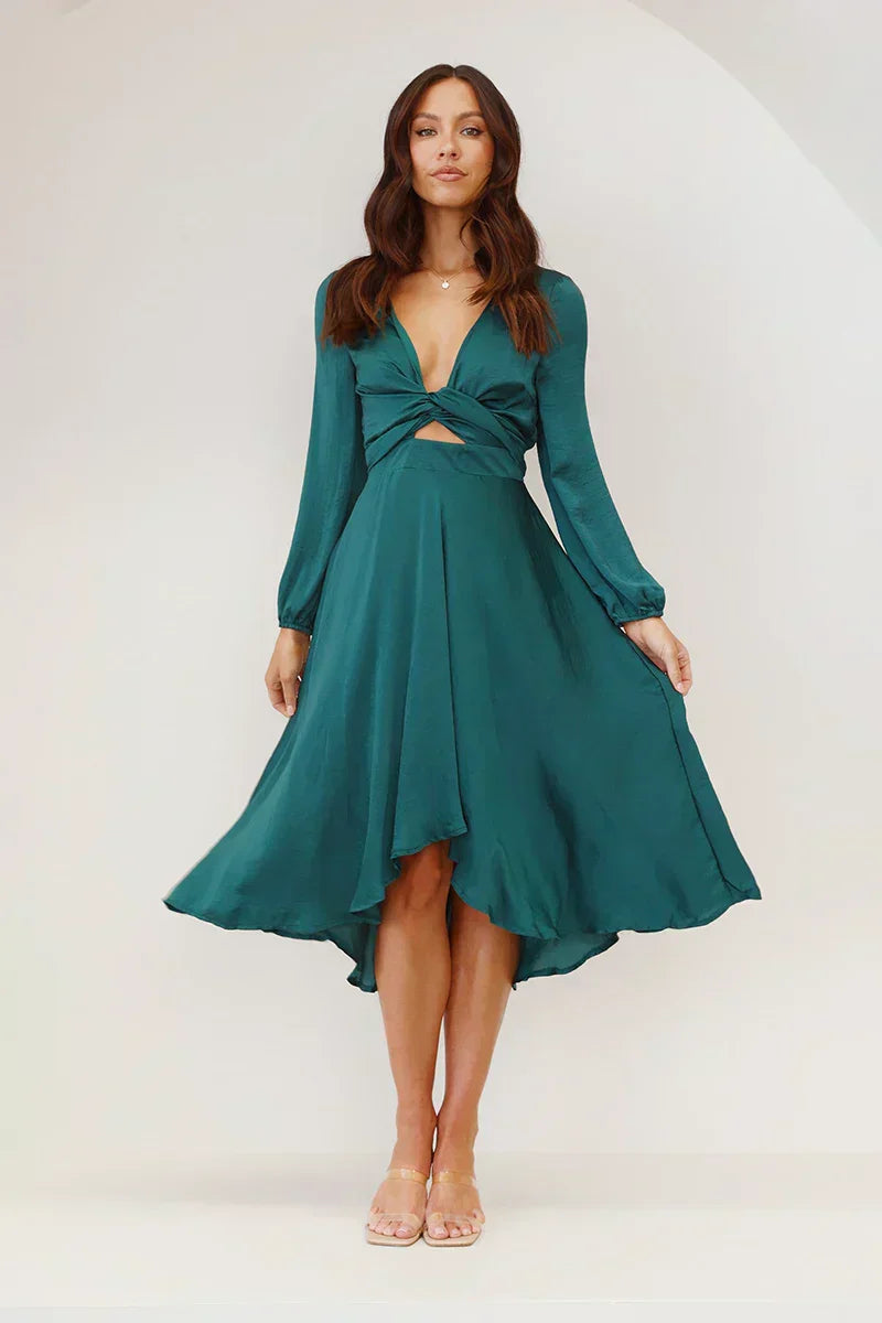 Women’s Midi Dress – Satin Feel – Fitted Bodice – Long Sleeve – Bow Front Detail