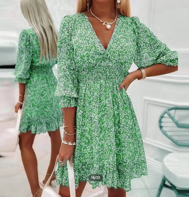 Women’s Mini Dress – Relaxed Fit – V-Neck – Ruffle Hem – Breathable Blend – 3/4 Sleeve