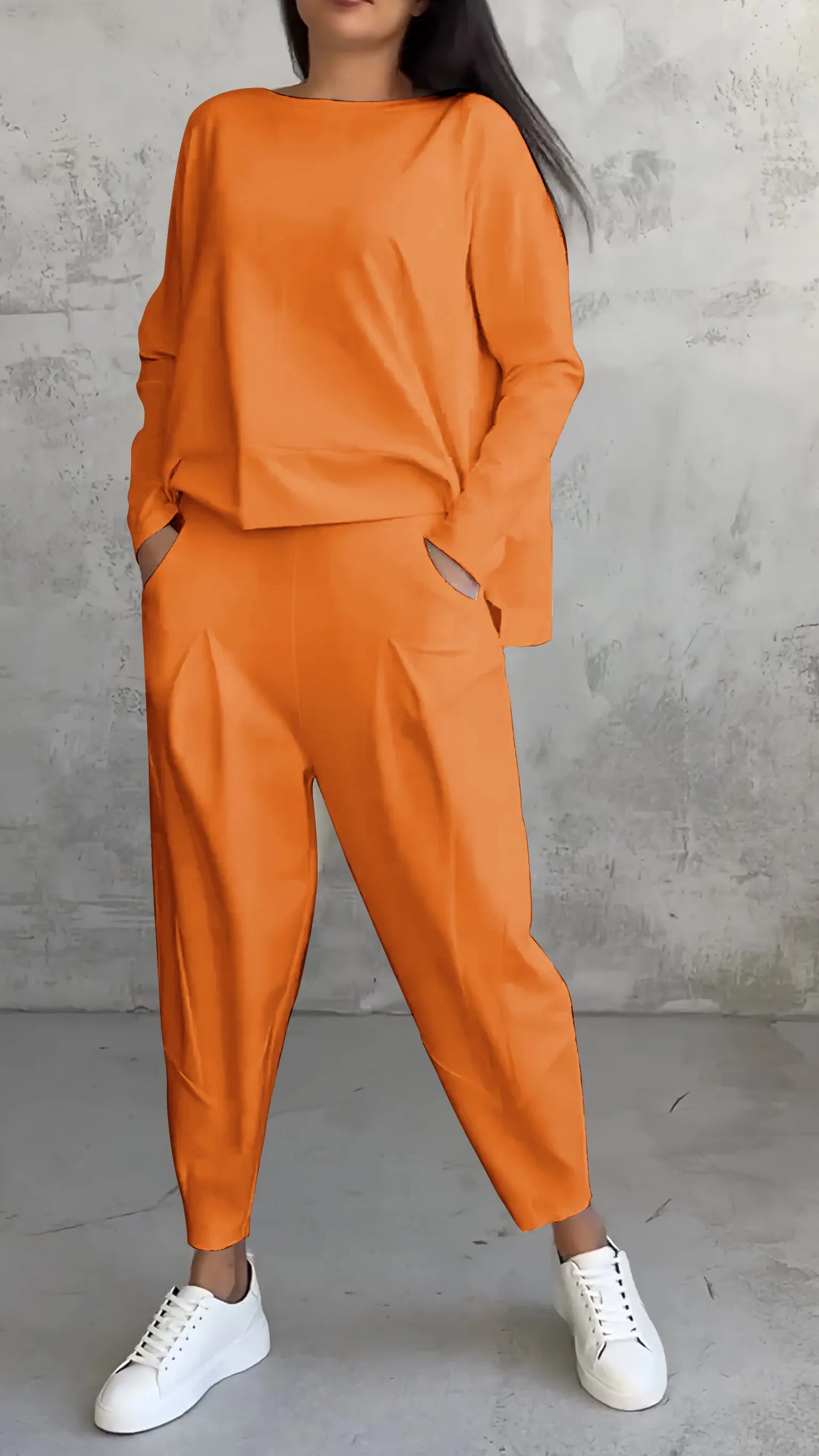 Women’s Two-Piece Set – Relaxed Fit – Long Sleeve Top – Tapered Harem Pants – Breathable Cotton