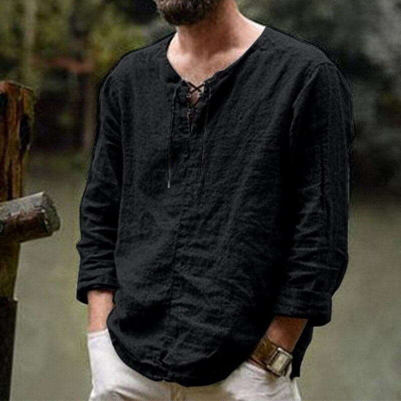 Men’s Long Sleeve Shirt – Relaxed Fit – Natural Fibers – Lace-Up Neckline Casual Wear