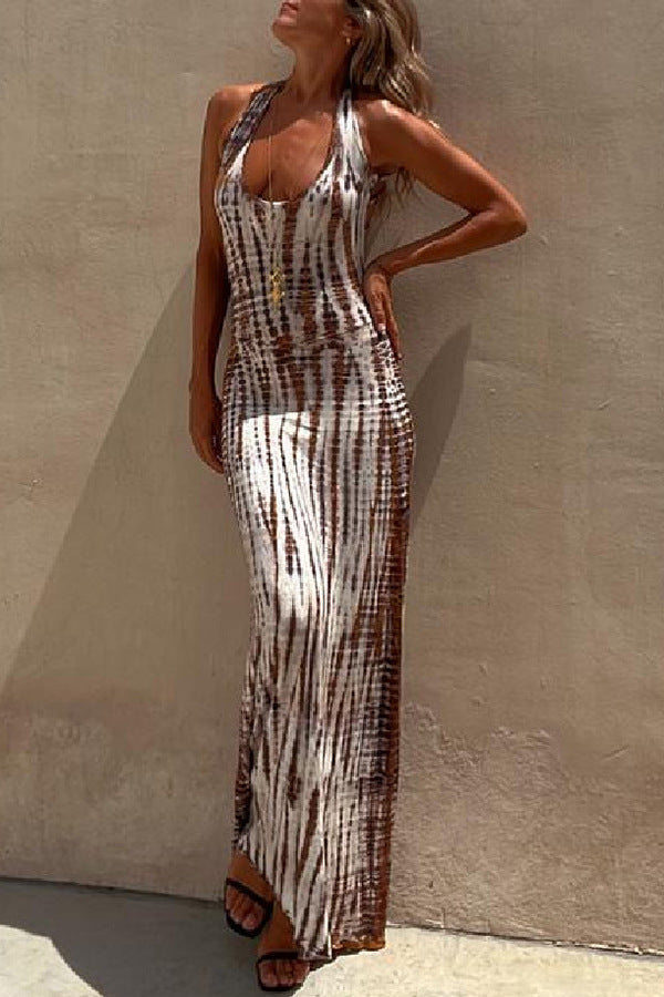 Women's Maxi Dress - Sleeveless Fitted Stretch Fabric - Scoop Neck Striped Elegant Style