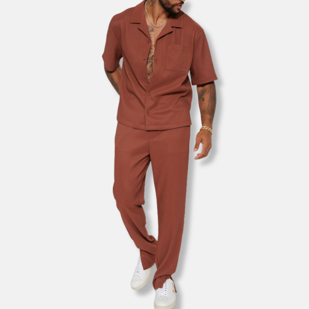 Men’s Casual Set – Relaxed Fit – Short Sleeve Collared Shirt – Full-Length Pants – Breathable Blend