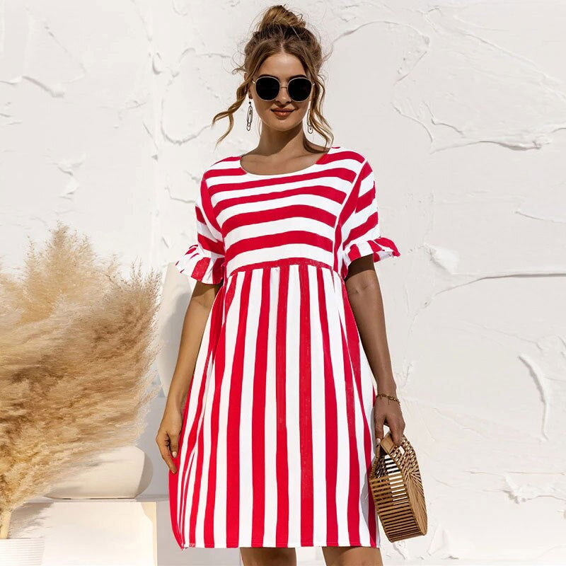 Women's Striped Dress - Short Sleeve Ruffle - Loose Fit - Round Neck Casual Wear