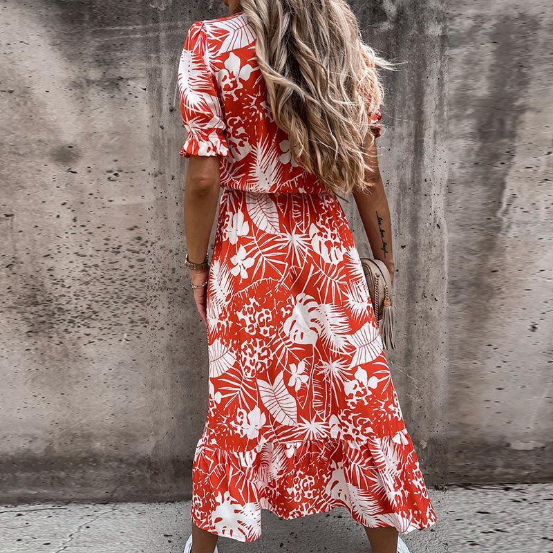Women's Midi Dress - V-Neck - Short Puff Sleeves - Fitted Waist - Side Slit
