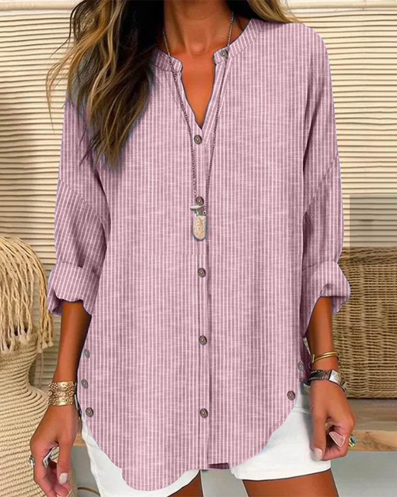 Women’s Blouse – Relaxed Fit – V-Neck Button Front – Striped – Breathable Blend