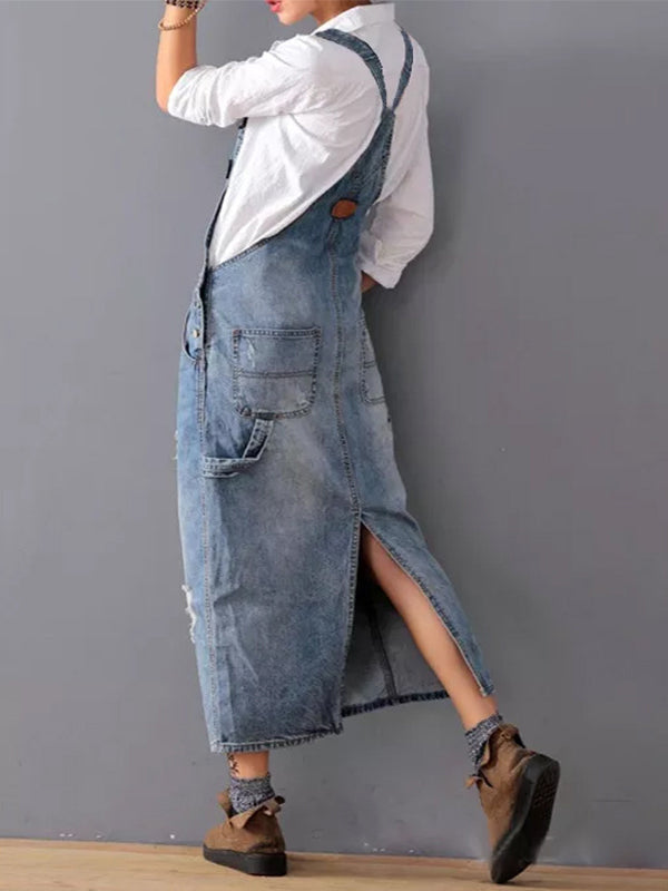 Women’s Denim Dress – Relaxed Fit – Midi Length – Distressed – Adjustable Straps