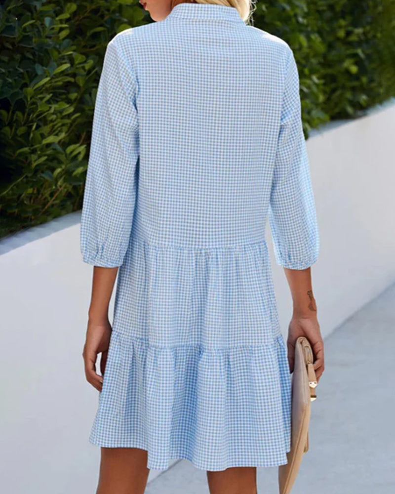 Women’s A-Line Dress – Natural Fibers – Checked Pattern – Tiered Hem – 3/4 Sleeve