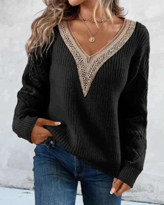 Women’s Sweater – Relaxed Fit – Soft Knit – V-Neck Lace Trim – Diamond Sleeve Detail