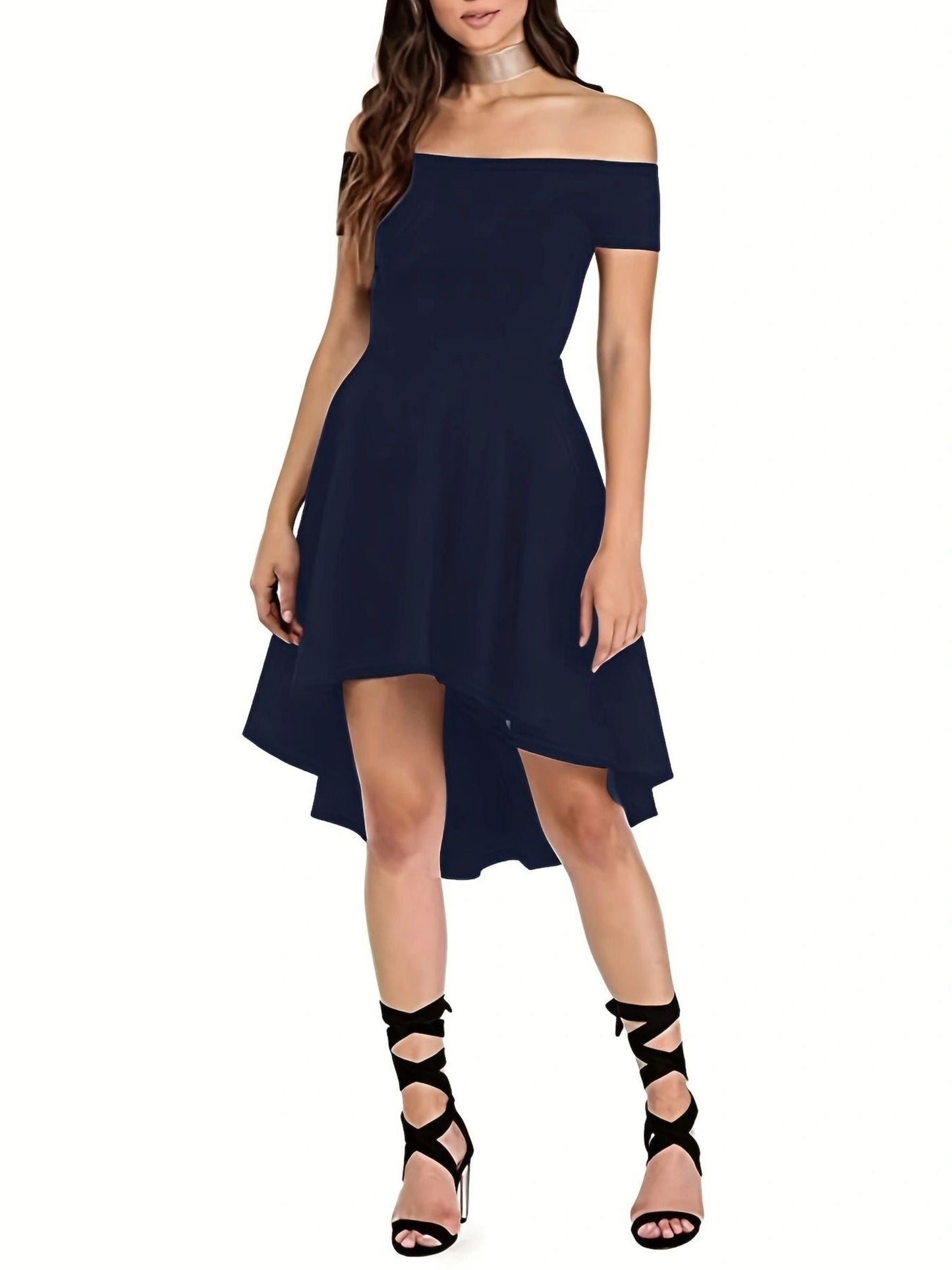 Women's Off-Shoulder High-Low Dress - Fit-and-Flare - Short Sleeve Elegant Party Wear