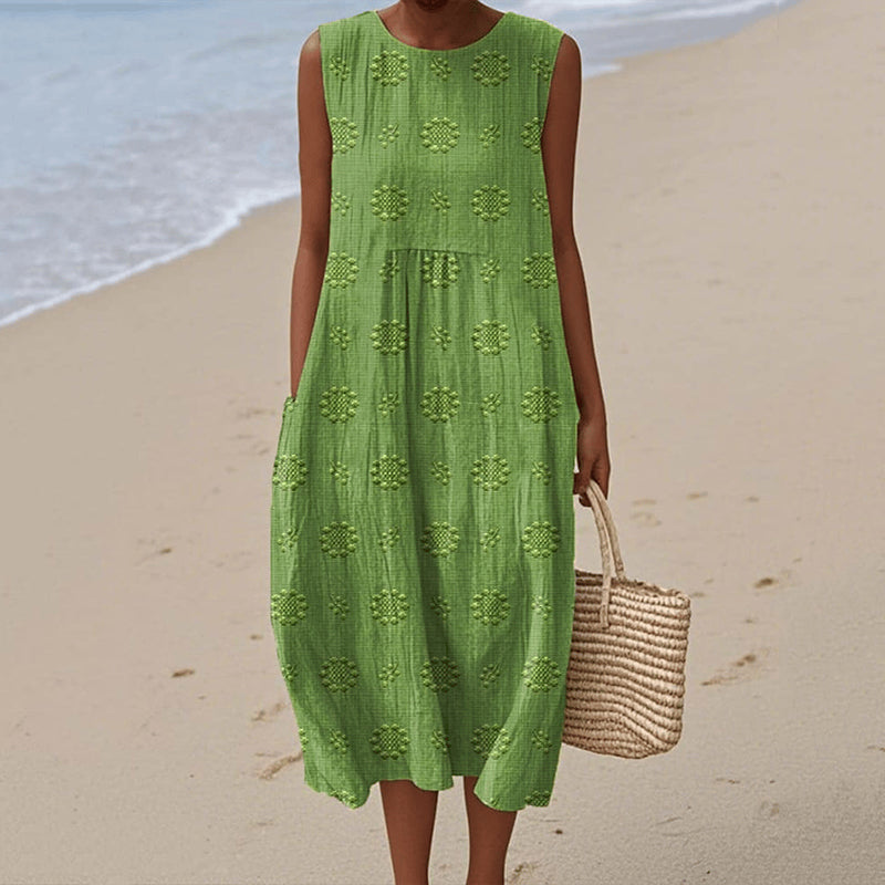 Women’s Midi Dress – Sleeveless Loose Fit – Natural Fibers – Floral Print – Pockets