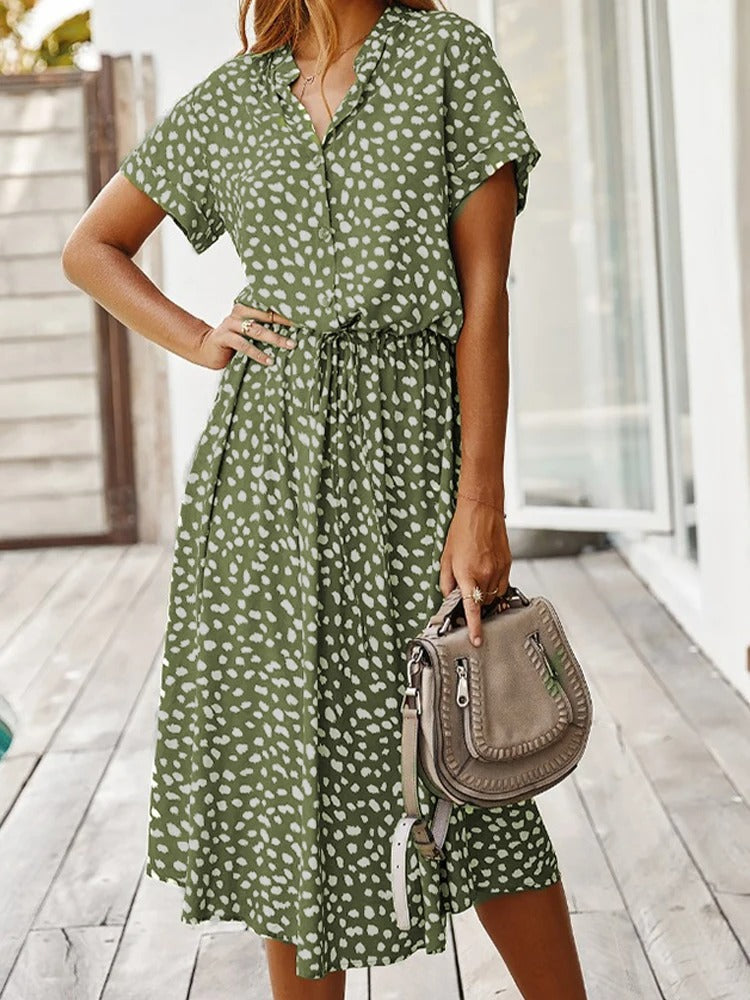 Women’s Midi Dress – Relaxed Fit – Breathable Blend – Button Front – Waist Tie